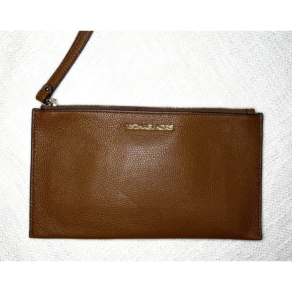 Michael Kors Leather Wristlet Clutch Bag | Tan Brown Zip Pouch - Picture 1 of 9